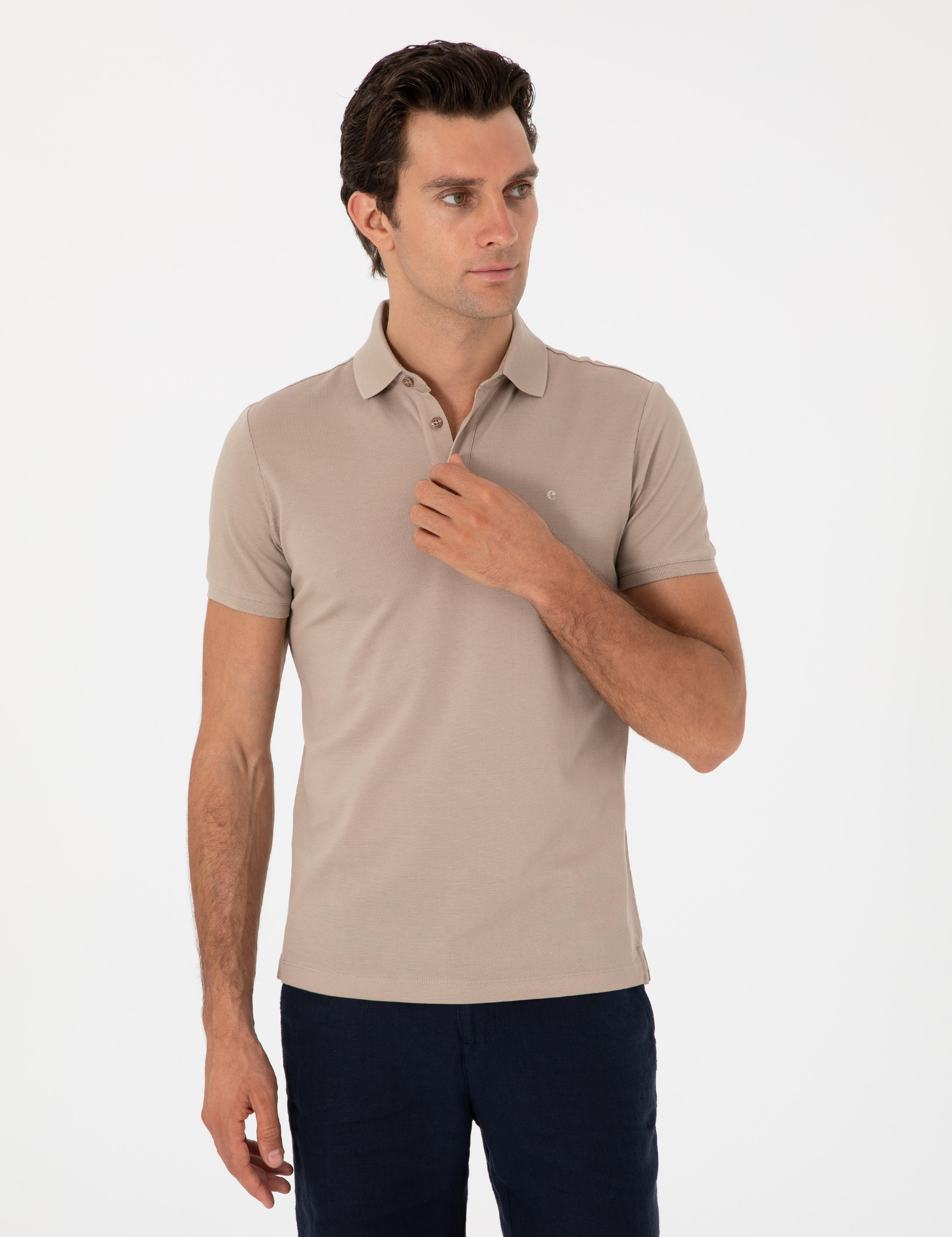 Koyu Bej Slim Fit Polo Yaka Pamuklu Basic T-shirt - 50300934223