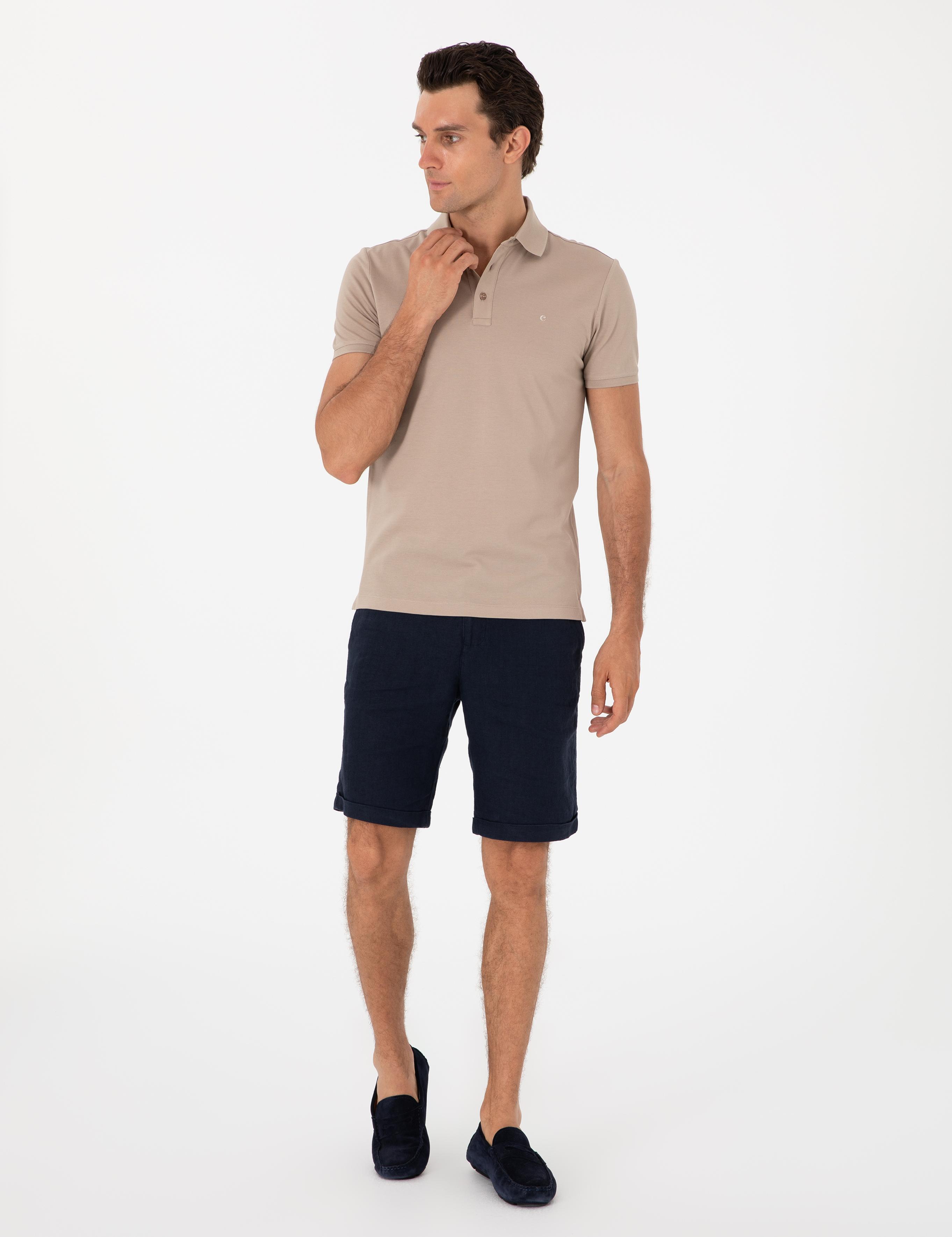 Koyu Bej Slim Fit Polo Yaka Pamuklu Basic T-shirt - 50300934223