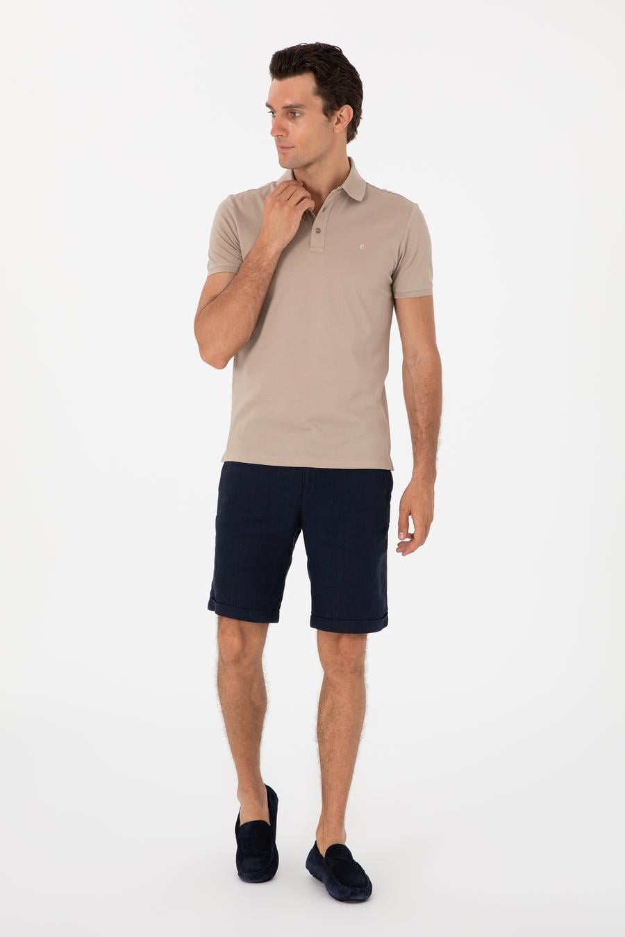 Koyu Bej Slim Fit Polo Yaka Pamuklu Basic T-shirt - 50300934223