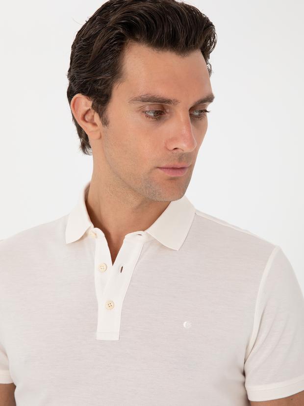 Ekru Slim Fit Polo Yaka Pamuklu Basic T-shirt