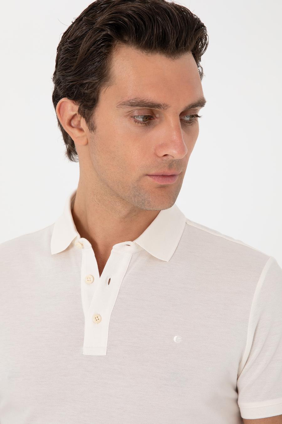 Ekru Slim Fit Polo Yaka Pamuklu Basic T-shirt - 50300934269