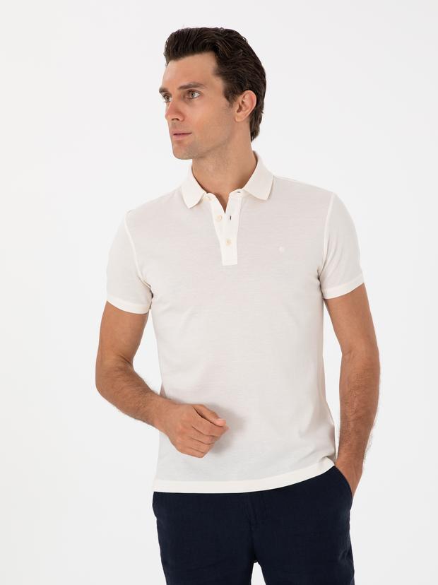 Ekru Slim Fit Polo Yaka Pamuklu Basic T-shirt