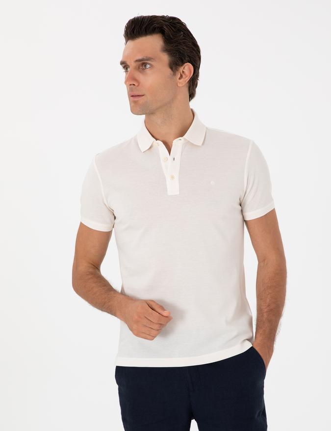 Ekru Slim Fit Polo Yaka Pamuklu Basic T-shirt