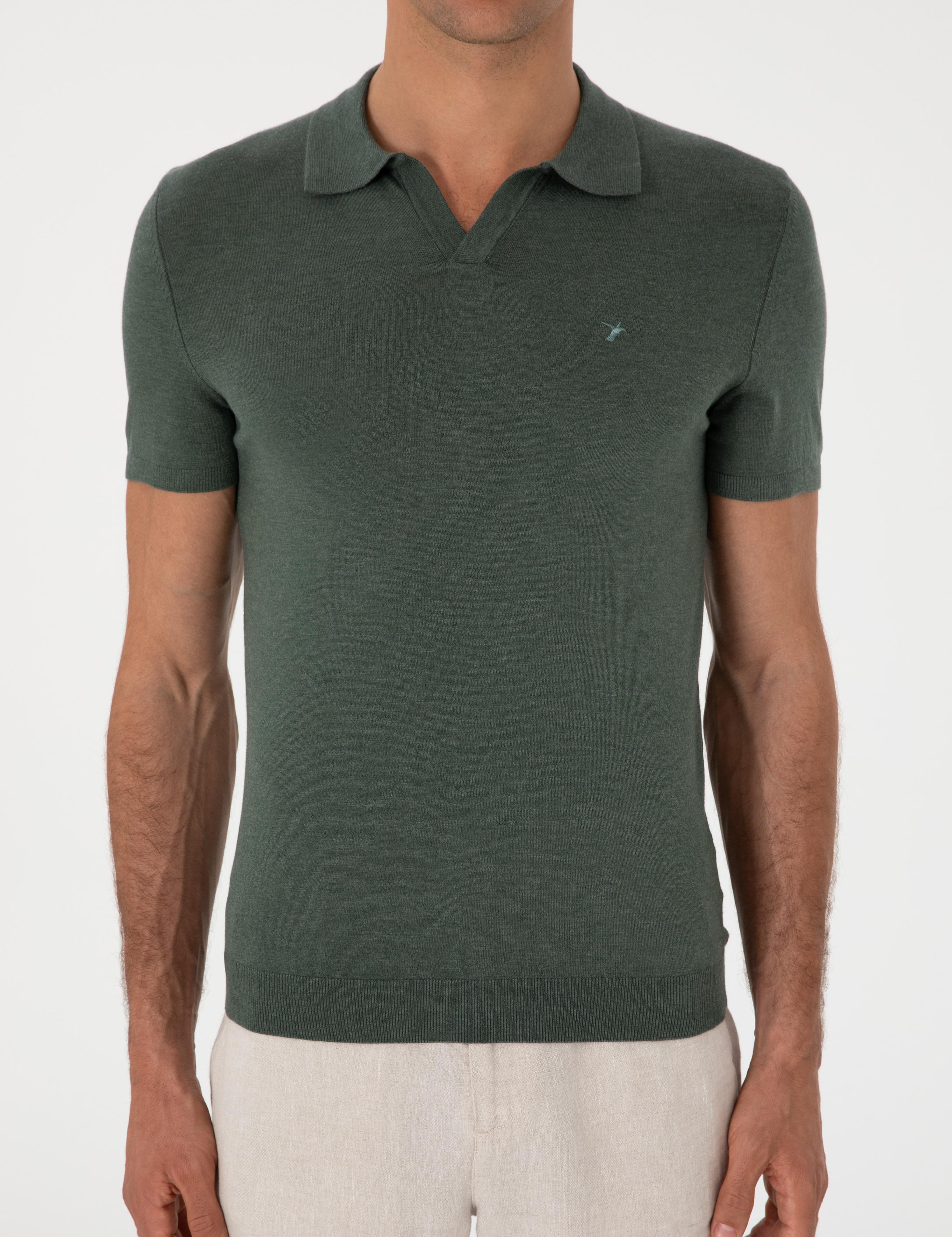 Koyu Yeşil Slim Fit Modal Karışımlı Apaş Yaka Triko T-shirt - 50313020009