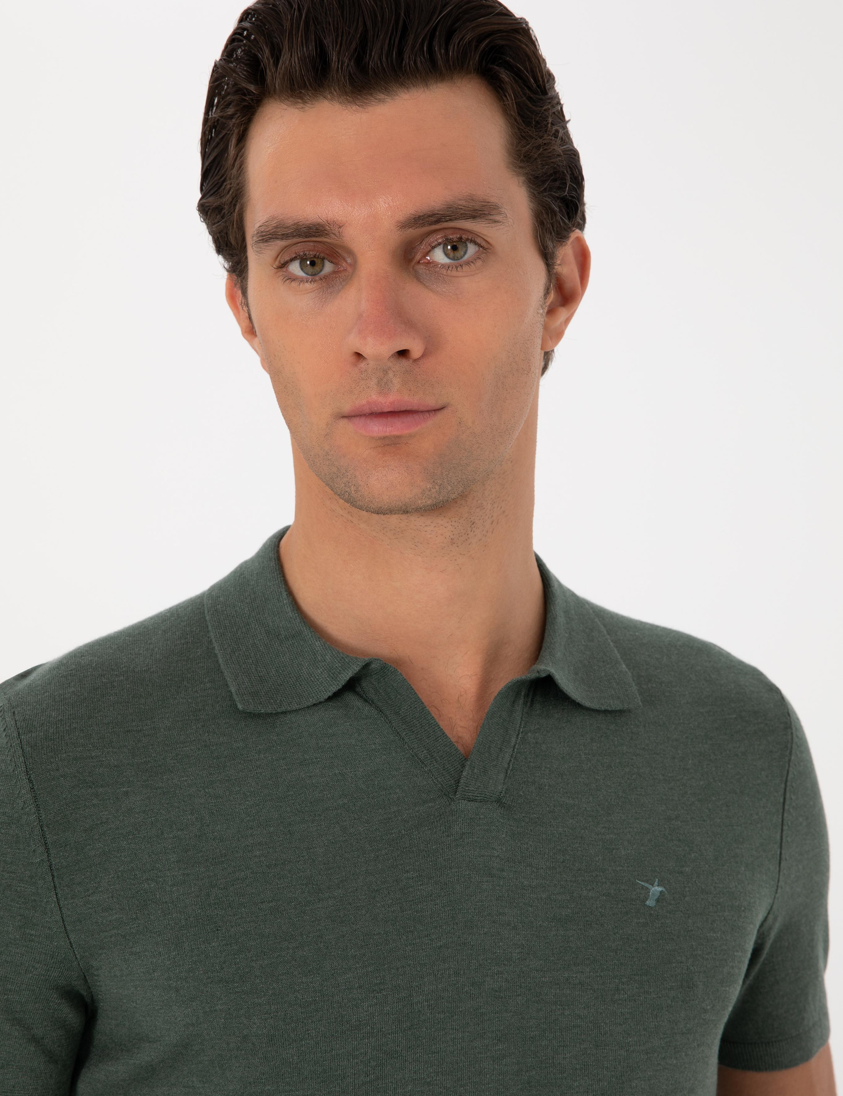 Koyu Yeşil Slim Fit Modal Karışımlı Apaş Yaka Triko T-shirt - 50313020009