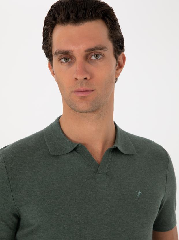 Koyu Yeşil Slim Fit Modal Karışımlı Apaş Yaka Triko T-shirt