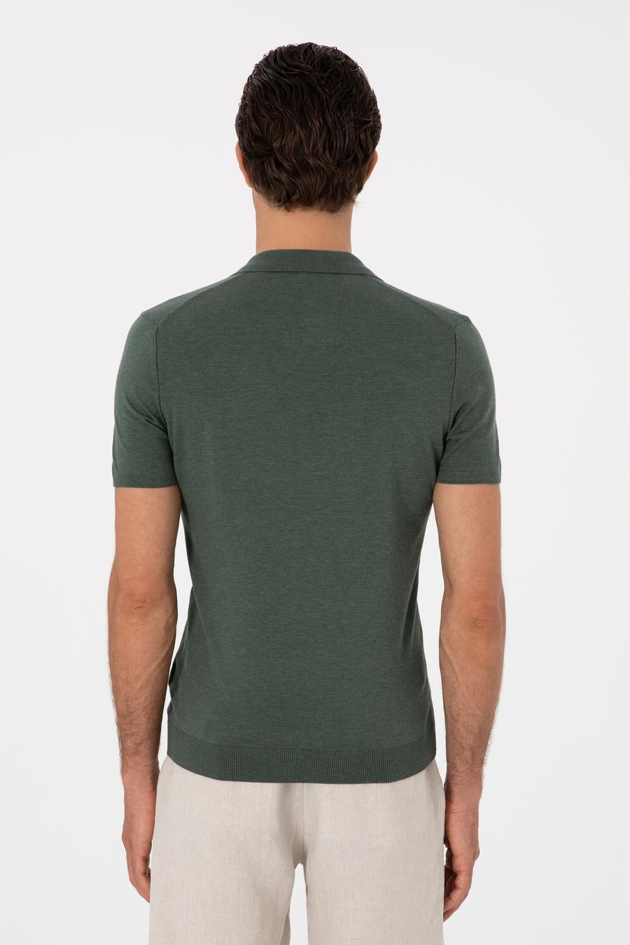 Koyu Yeşil Slim Fit Modal Karışımlı Apaş Yaka Triko T-shirt - 50313020009