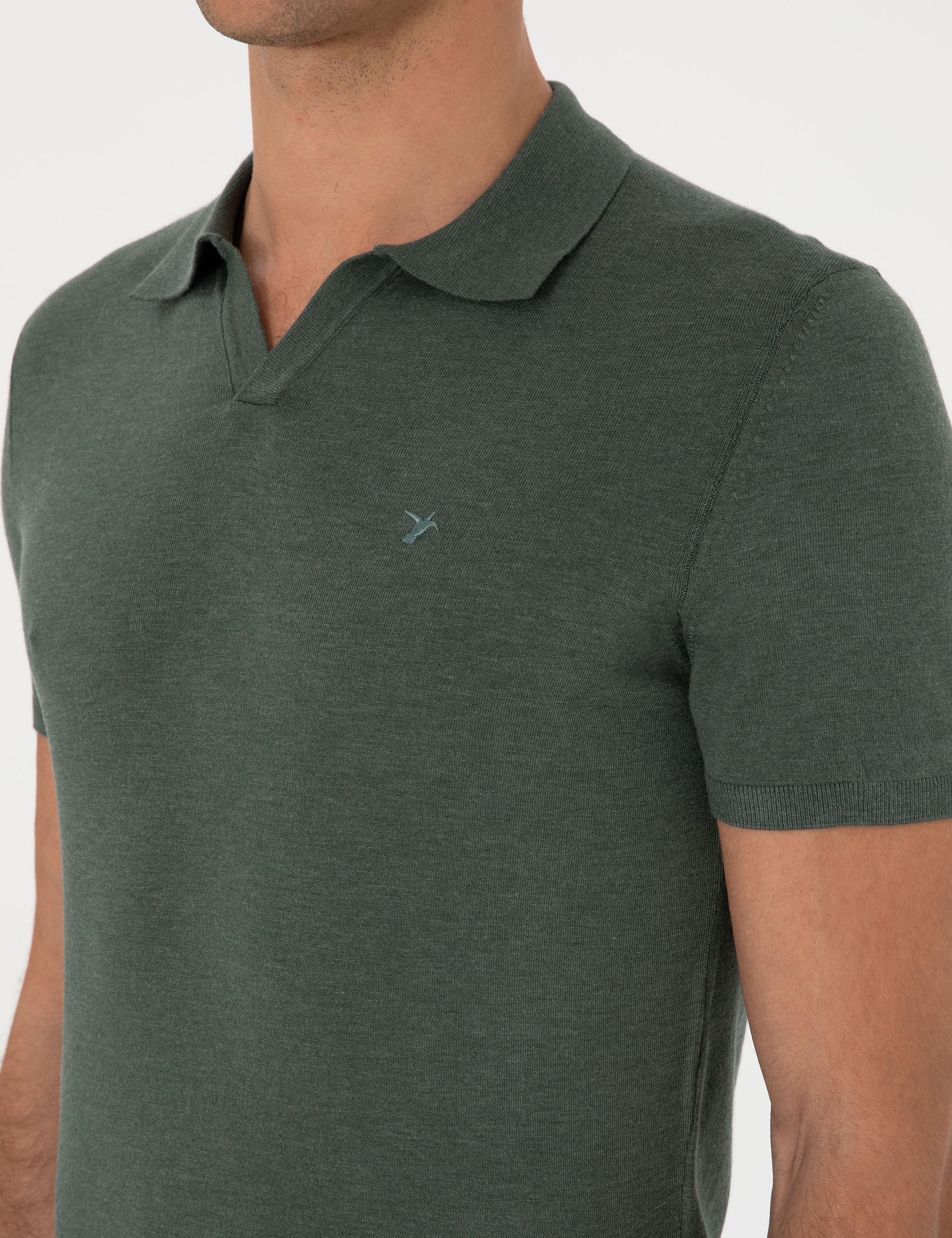 Koyu Yeşil Slim Fit Modal Karışımlı Apaş Yaka Triko T-shirt - 50313020009