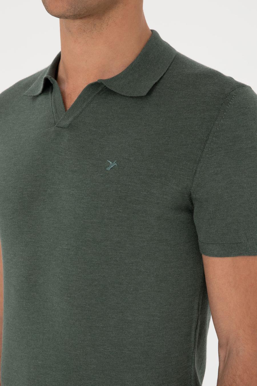 Koyu Yeşil Slim Fit Modal Karışımlı Apaş Yaka Triko T-shirt - 50313020009
