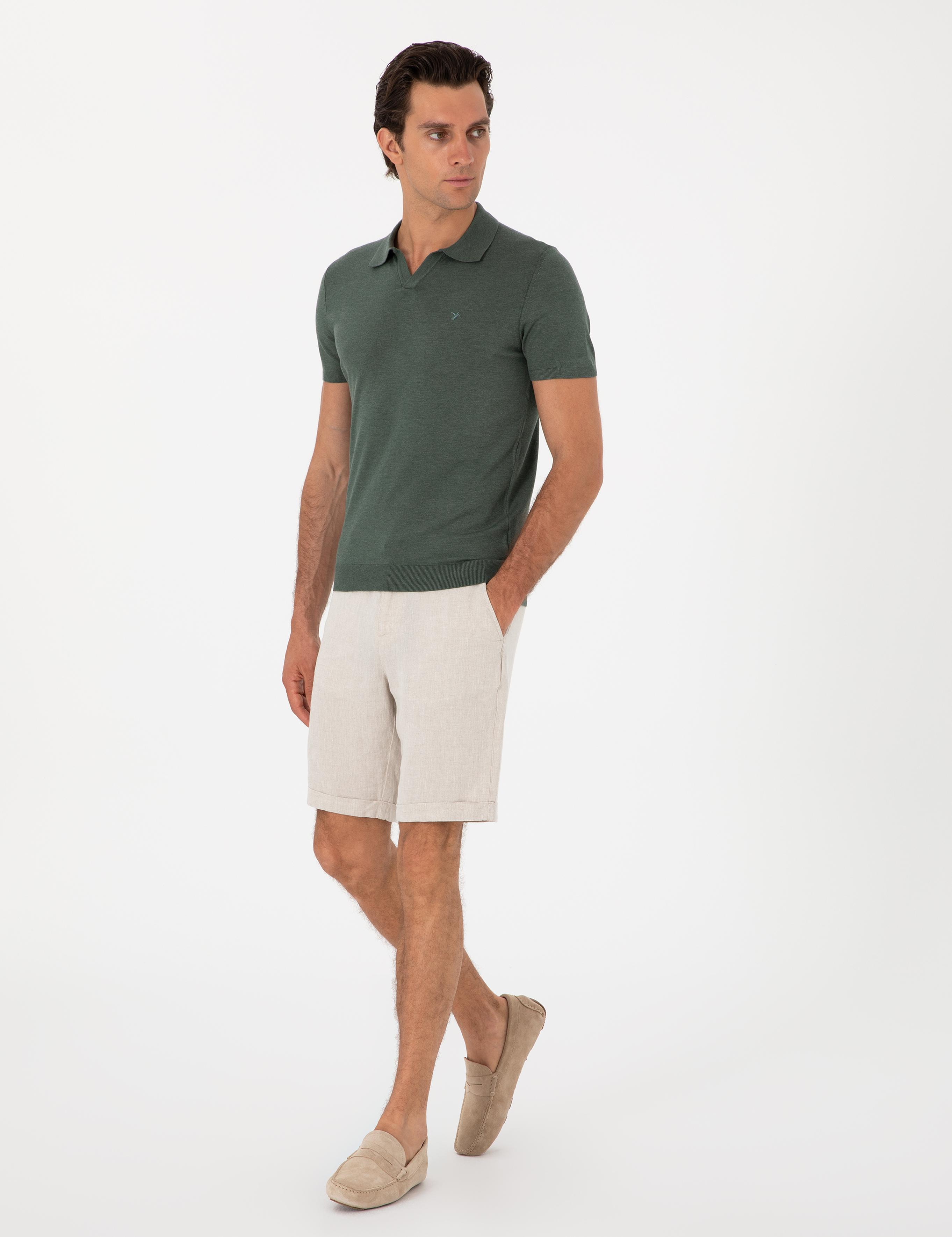 Koyu Yeşil Slim Fit Modal Karışımlı Apaş Yaka Triko T-shirt - 50313020009