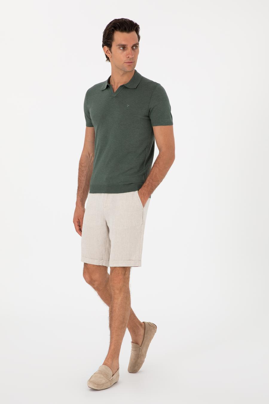 Koyu Yeşil Slim Fit Modal Karışımlı Apaş Yaka Triko T-shirt - 50313020009