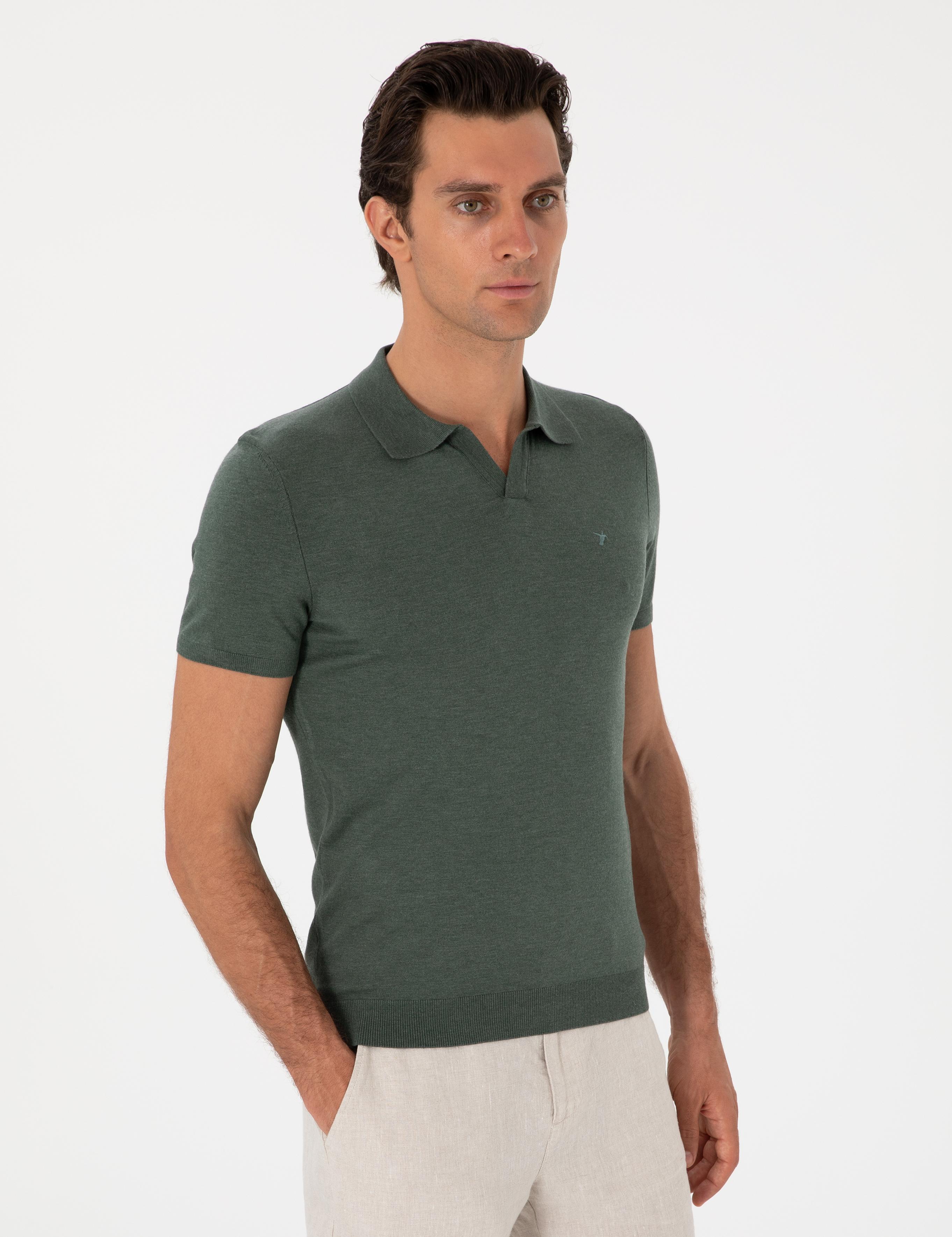 Koyu Yeşil Slim Fit Modal Karışımlı Apaş Yaka Triko T-shirt - 50313020009