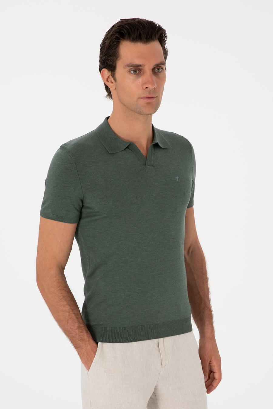 Koyu Yeşil Slim Fit Modal Karışımlı Apaş Yaka Triko T-shirt - 50313020009