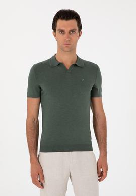 Koyu Yeşil Slim Fit Modal Karışımlı Apaş Yaka Triko T-shirt