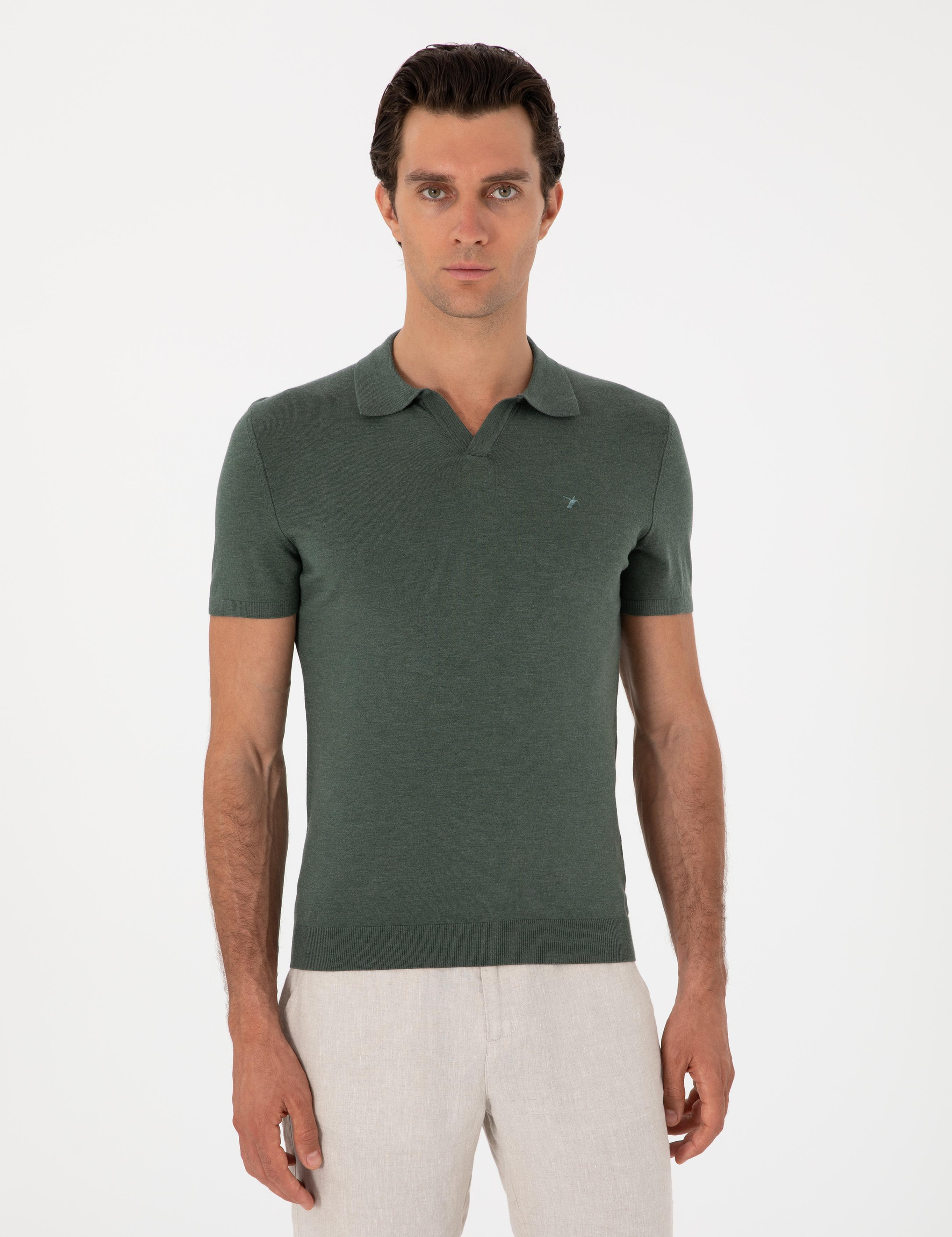 Koyu Yeşil Slim Fit Modal Karışımlı Apaş Yaka Triko T-shirt - 50313020009