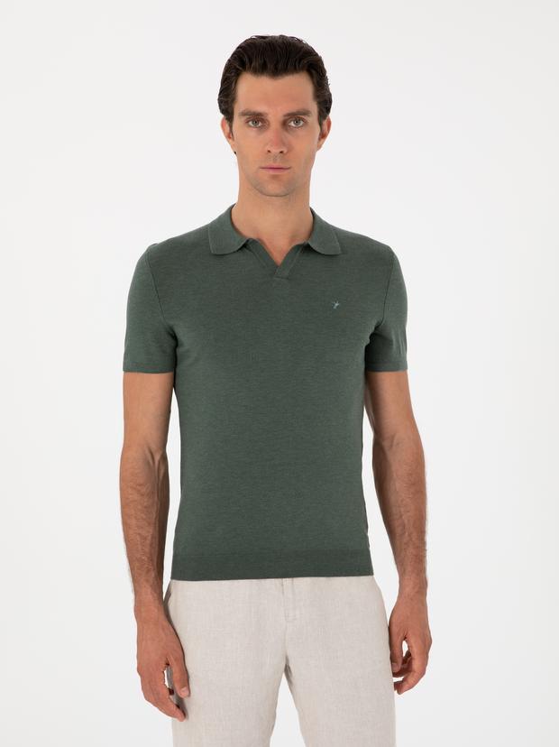 Koyu Yeşil Slim Fit Modal Karışımlı Apaş Yaka Triko T-shirt