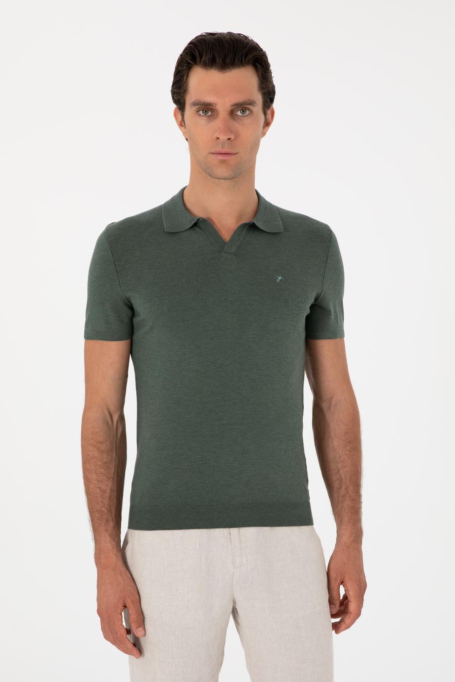 Koyu Yeşil Slim Fit Modal Karışımlı Apaş Yaka Triko T-shirt - 50313020009