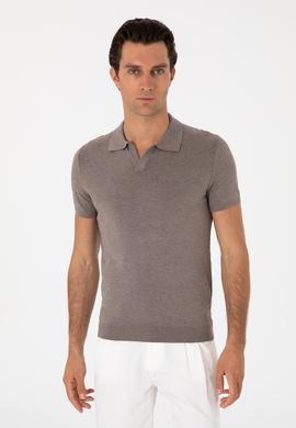 Bej Slim Fit Apaş Yaka Triko T-shirt