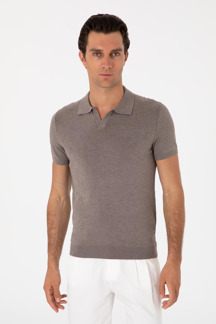 Bej Slim Fit Apaş Yaka Triko T-shirt - 50313020001