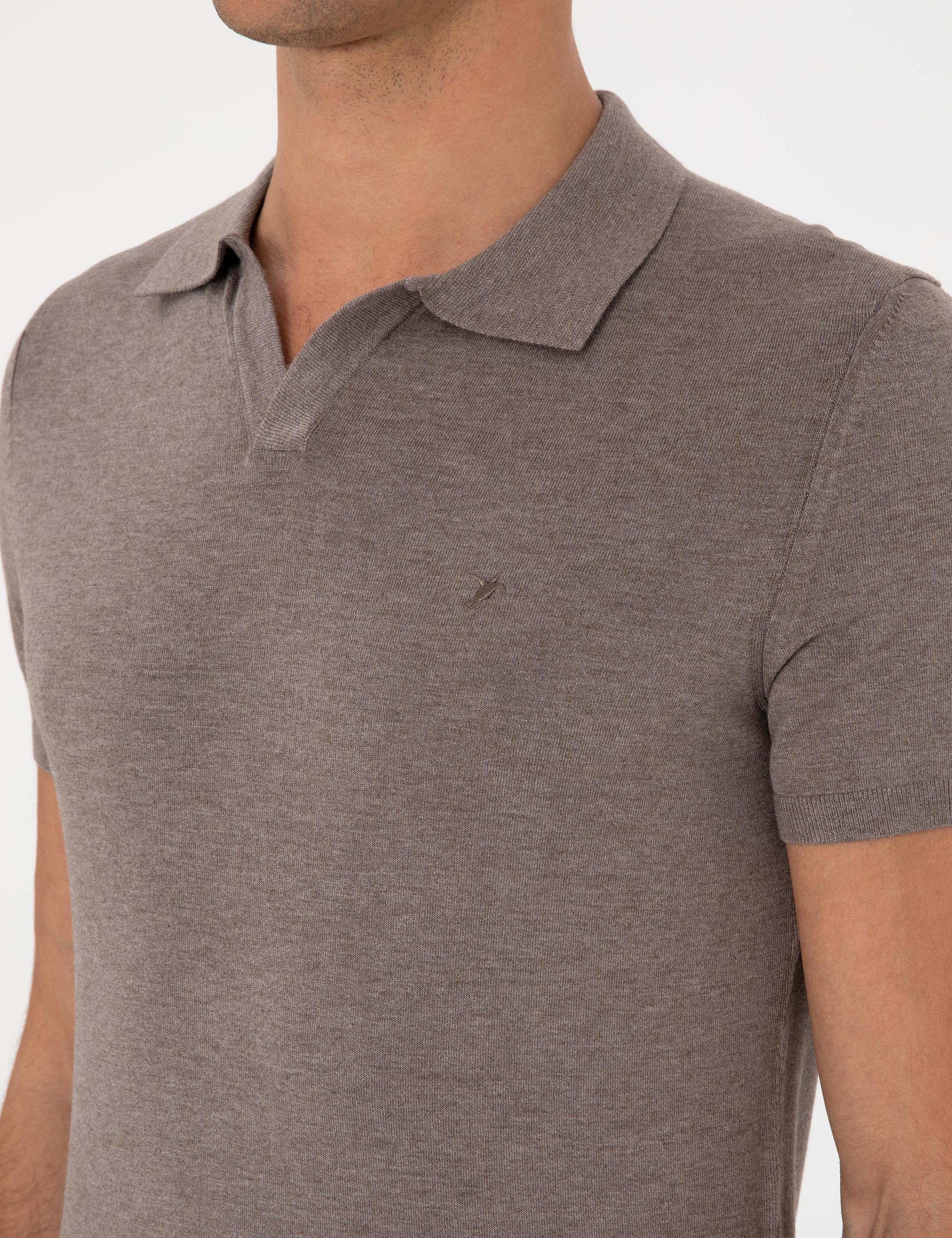 Bej Slim Fit Apaş Yaka Triko T-shirt - 50313020001