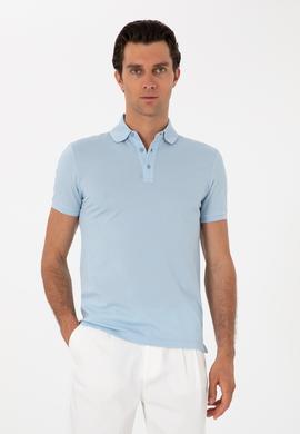Buz Mavisi Slim Fit Polo Yaka Pamuklu Basic T-shirt