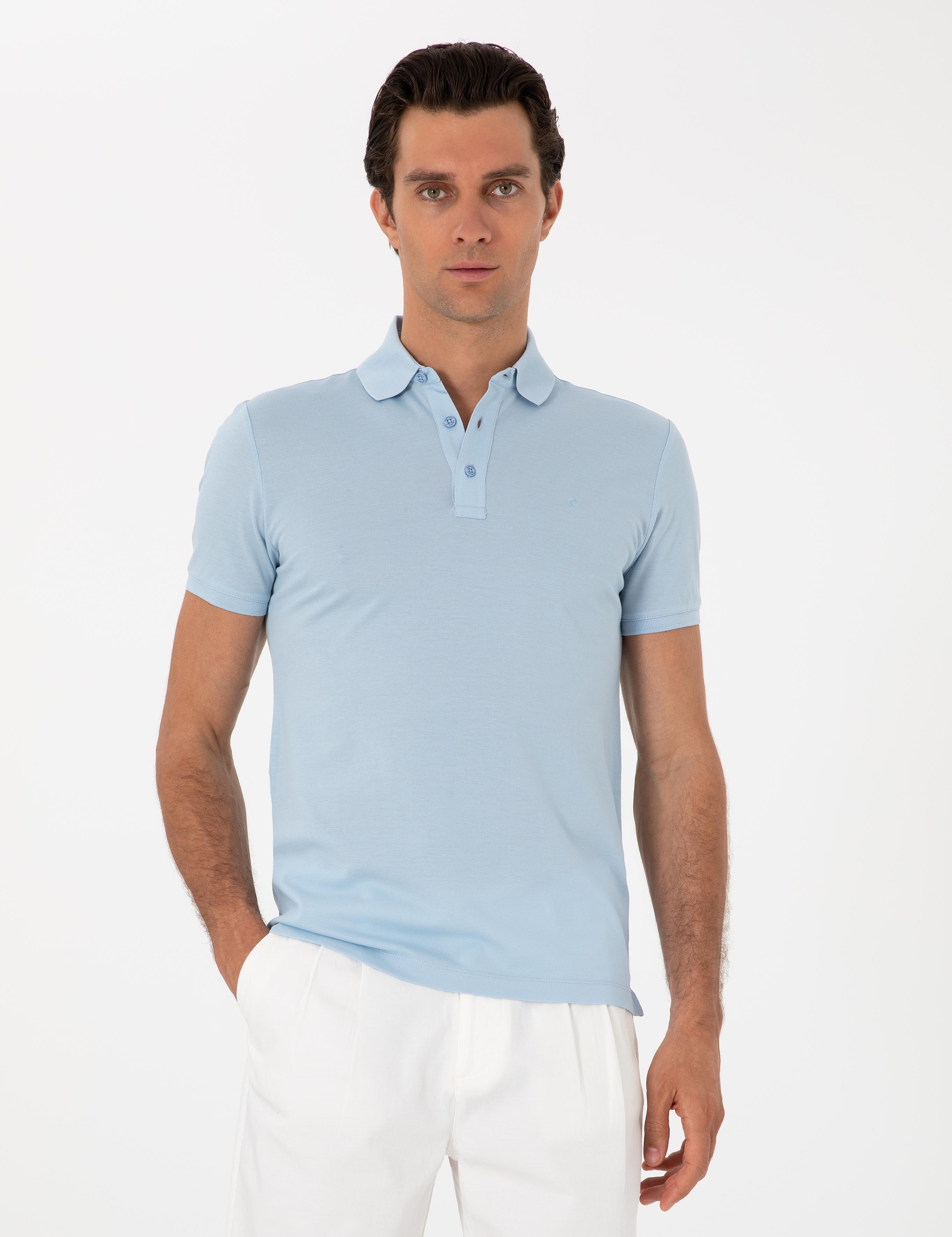 Buz Mavisi Slim Fit Polo Yaka Pamuklu Basic T-shirt - 50300934177