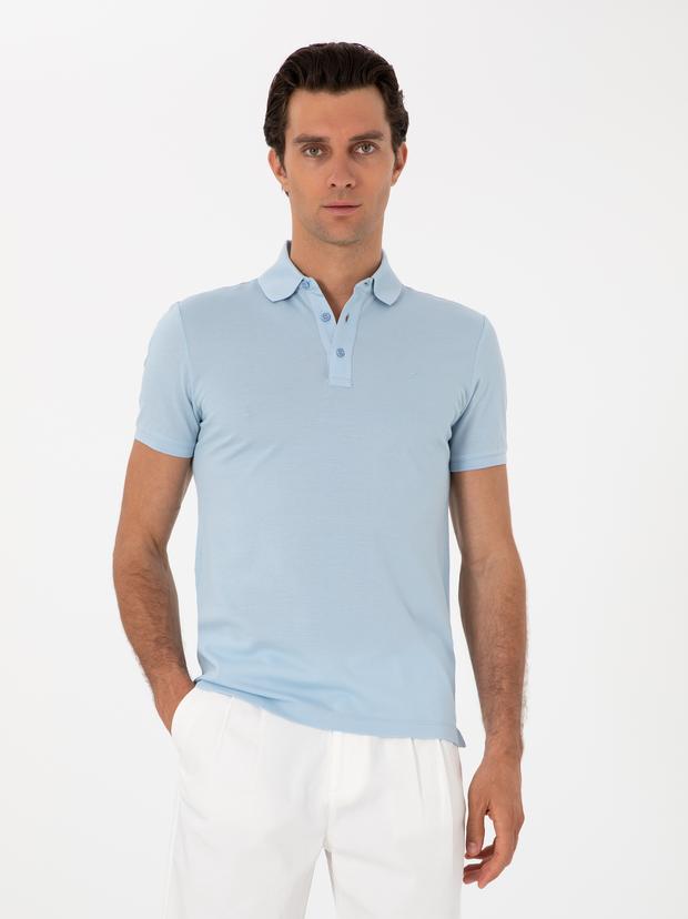 Buz Mavisi Slim Fit Polo Yaka Pamuklu Basic T-shirt