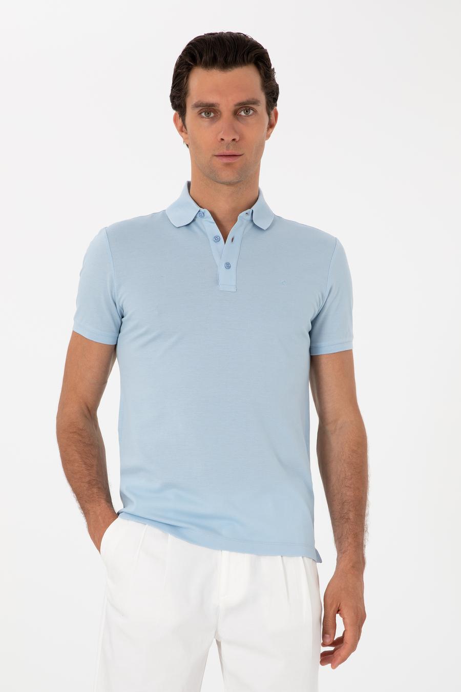 Buz Mavisi Slim Fit Polo Yaka Pamuklu Basic T-shirt - 50300934177