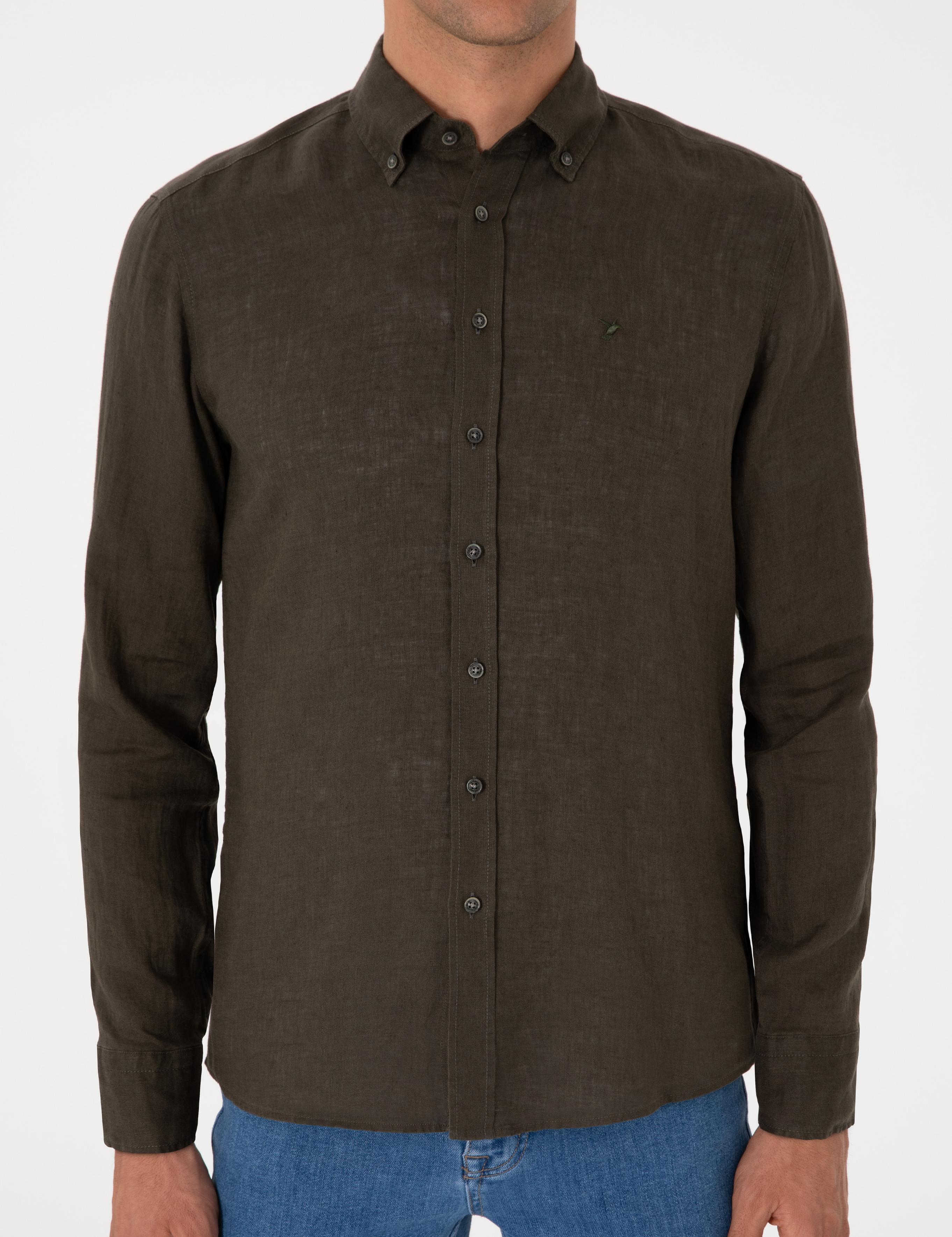 Koyu Haki Regular Fit %100 Keten Gömlek - 50303617383