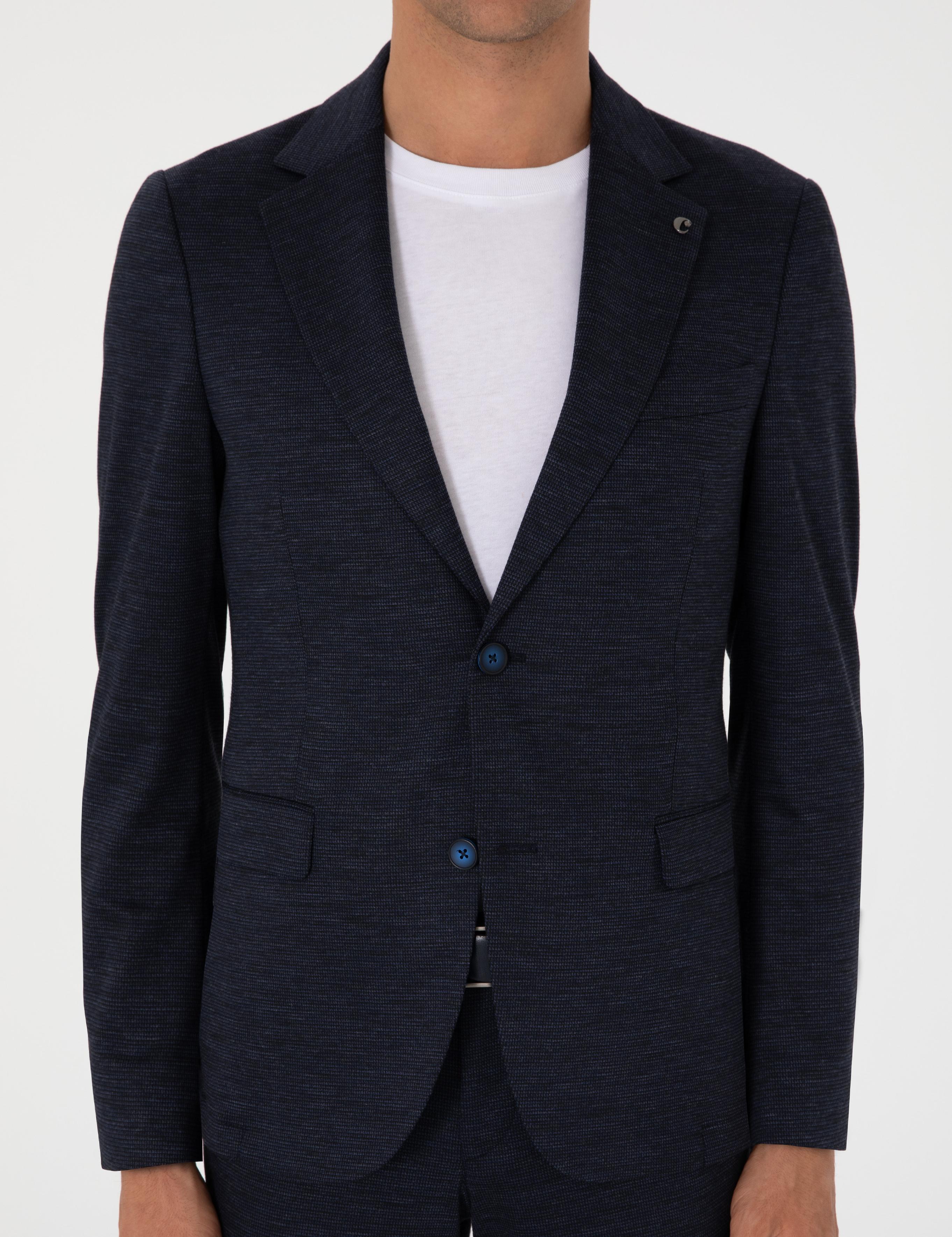 Lacivert Slim Fit Mikro Desen Yün Karışımlı Takım Elbise - 50307706006