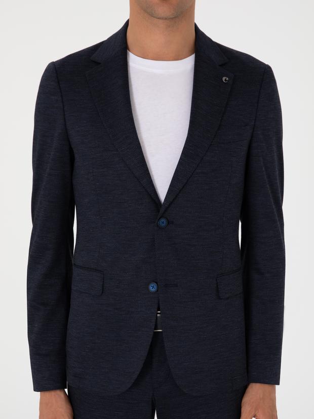 Lacivert Slim Fit Mikro Desen Yün Karışımlı Takım Elbise