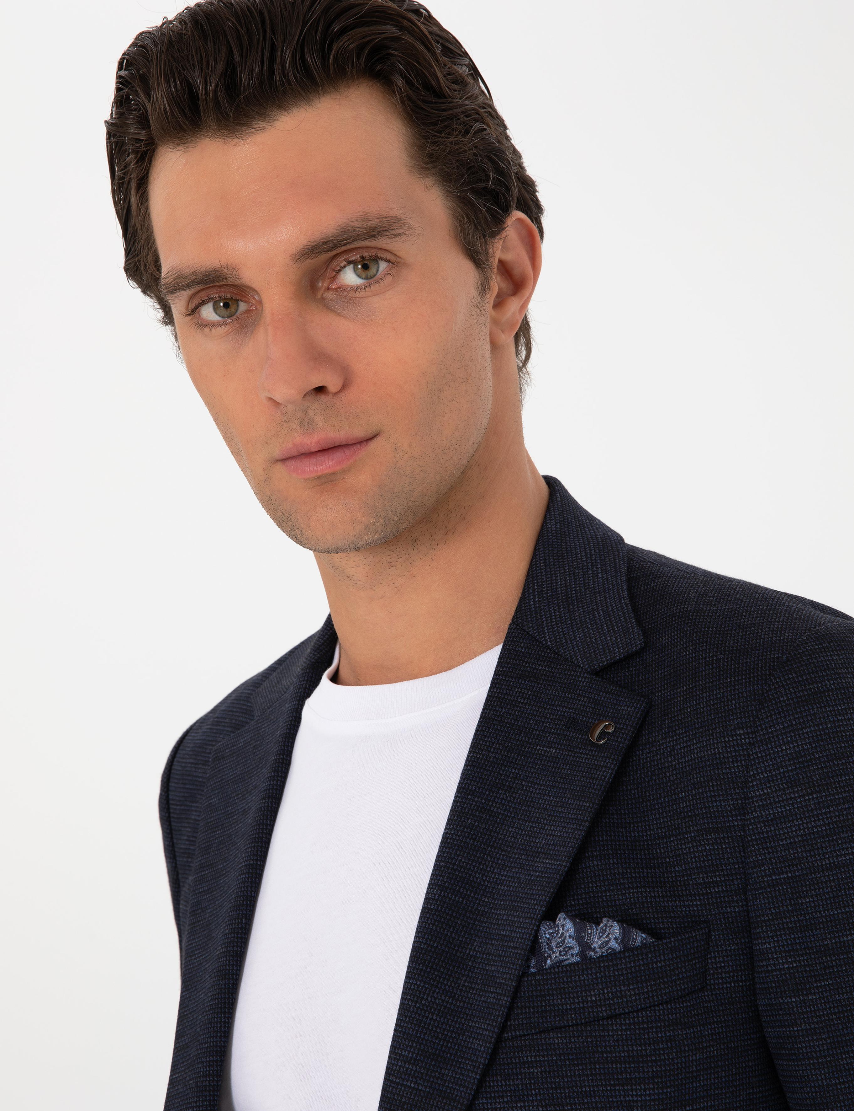 Lacivert Slim Fit Mikro Desen Yün Karışımlı Takım Elbise - 50307706006