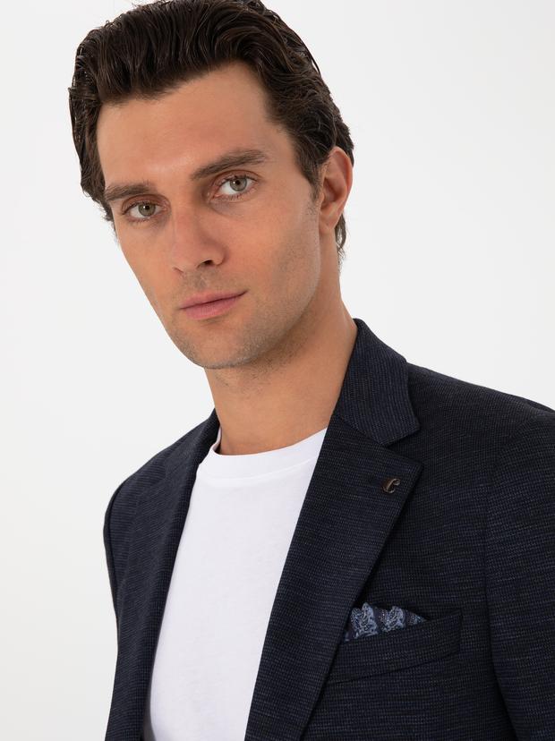 Lacivert Slim Fit Mikro Desen Yün Karışımlı Takım Elbise