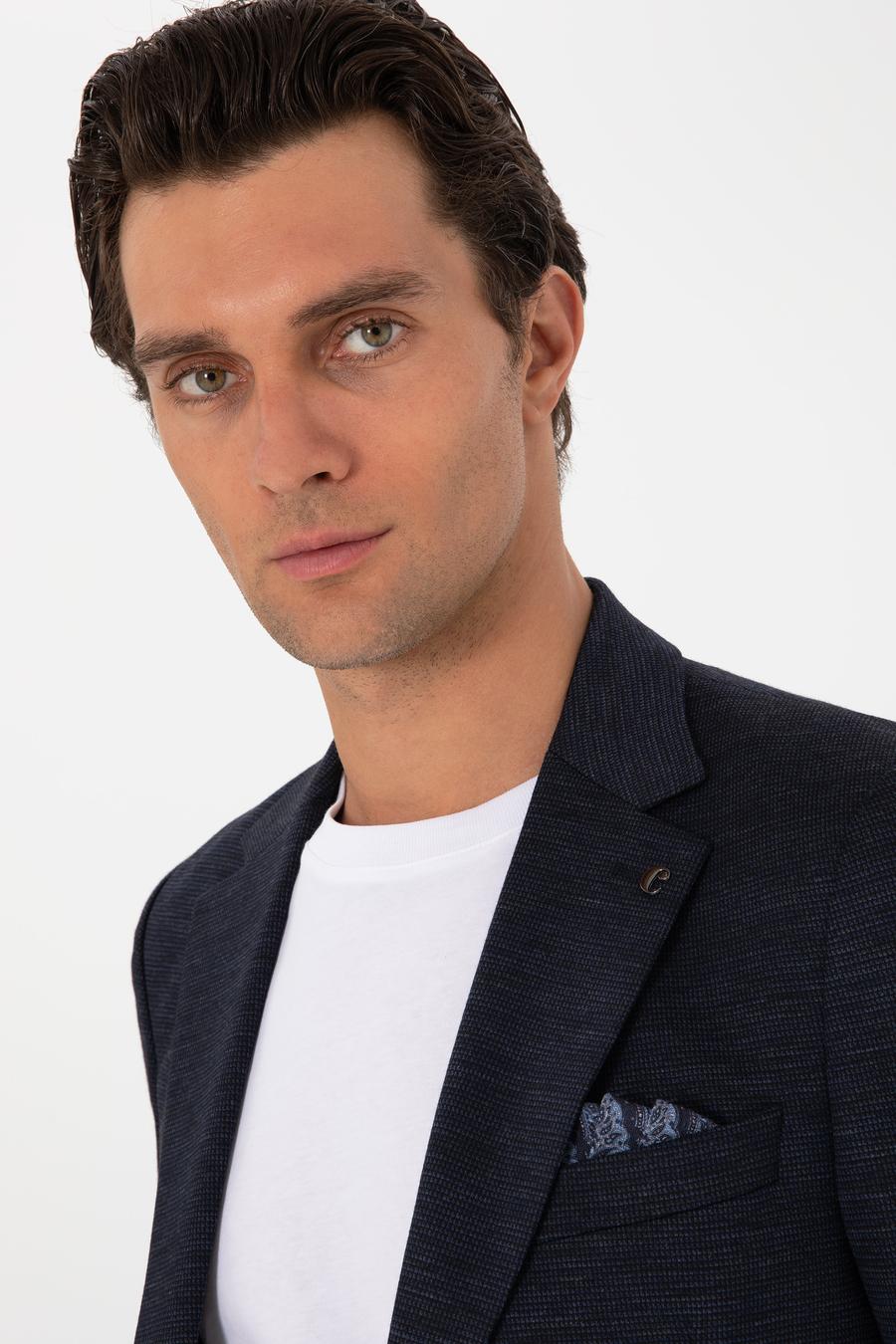 Lacivert Slim Fit Mikro Desen Yün Karışımlı Takım Elbise - 50307706006