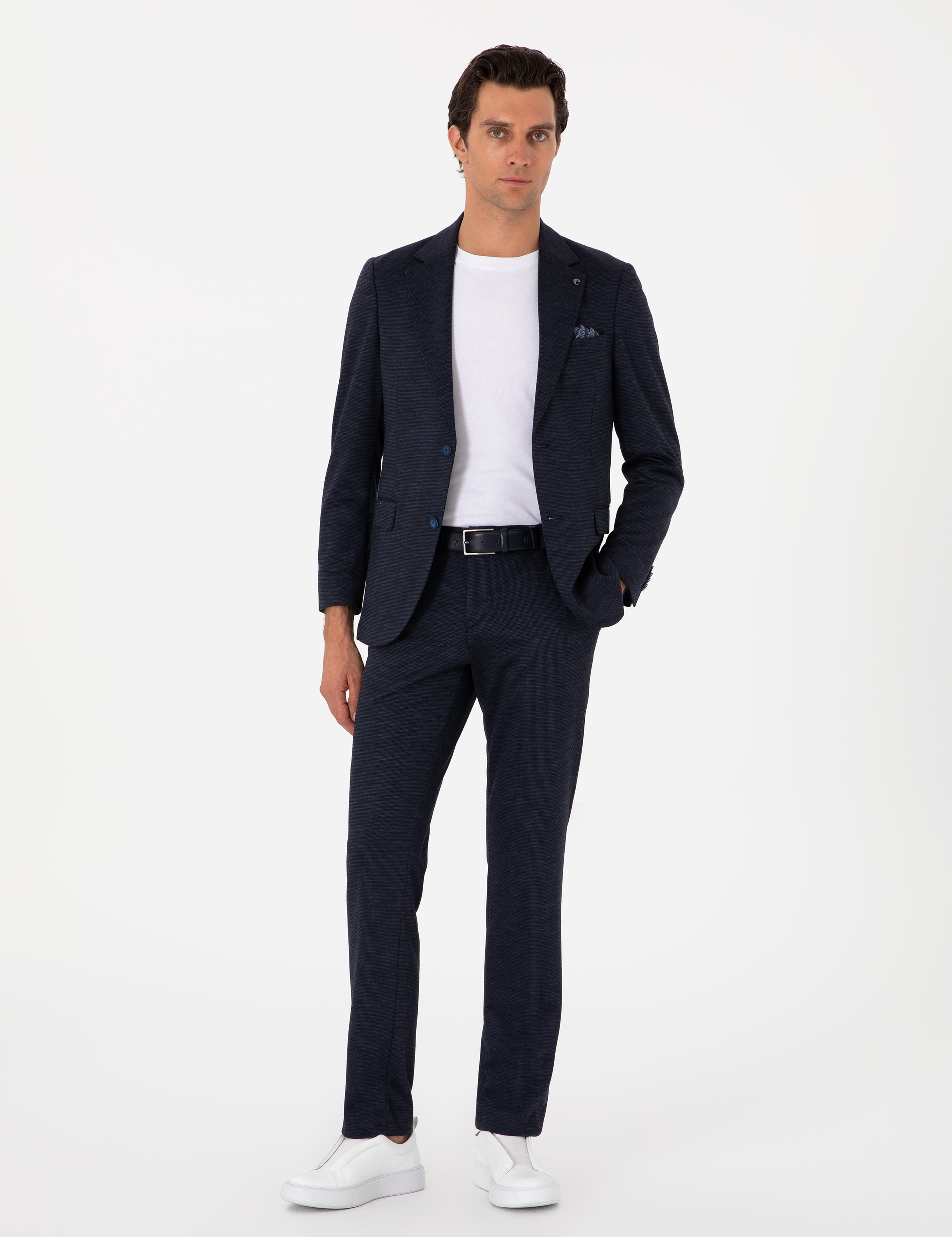 Lacivert Slim Fit Mikro Desen Yün Karışımlı Takım Elbise - 50307706006