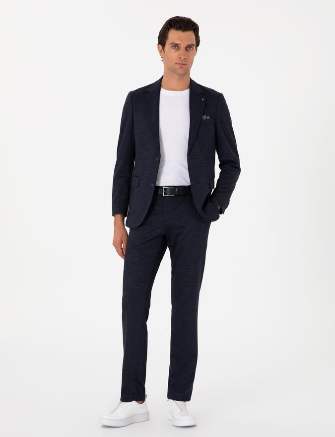 Lacivert Slim Fit Mikro Desen Yün Karışımlı Takım Elbise