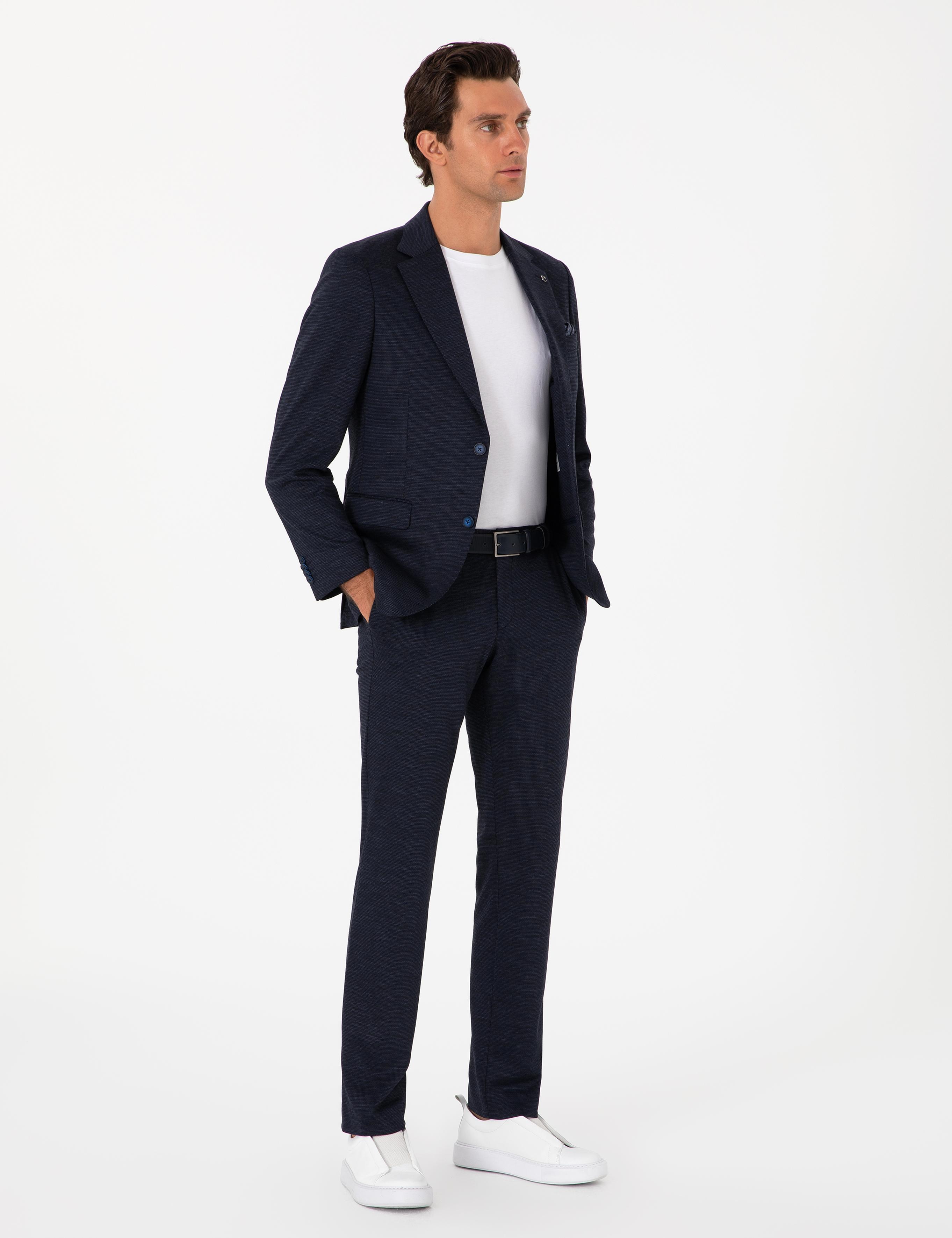 Lacivert Slim Fit Mikro Desen Yün Karışımlı Takım Elbise - 50307706006