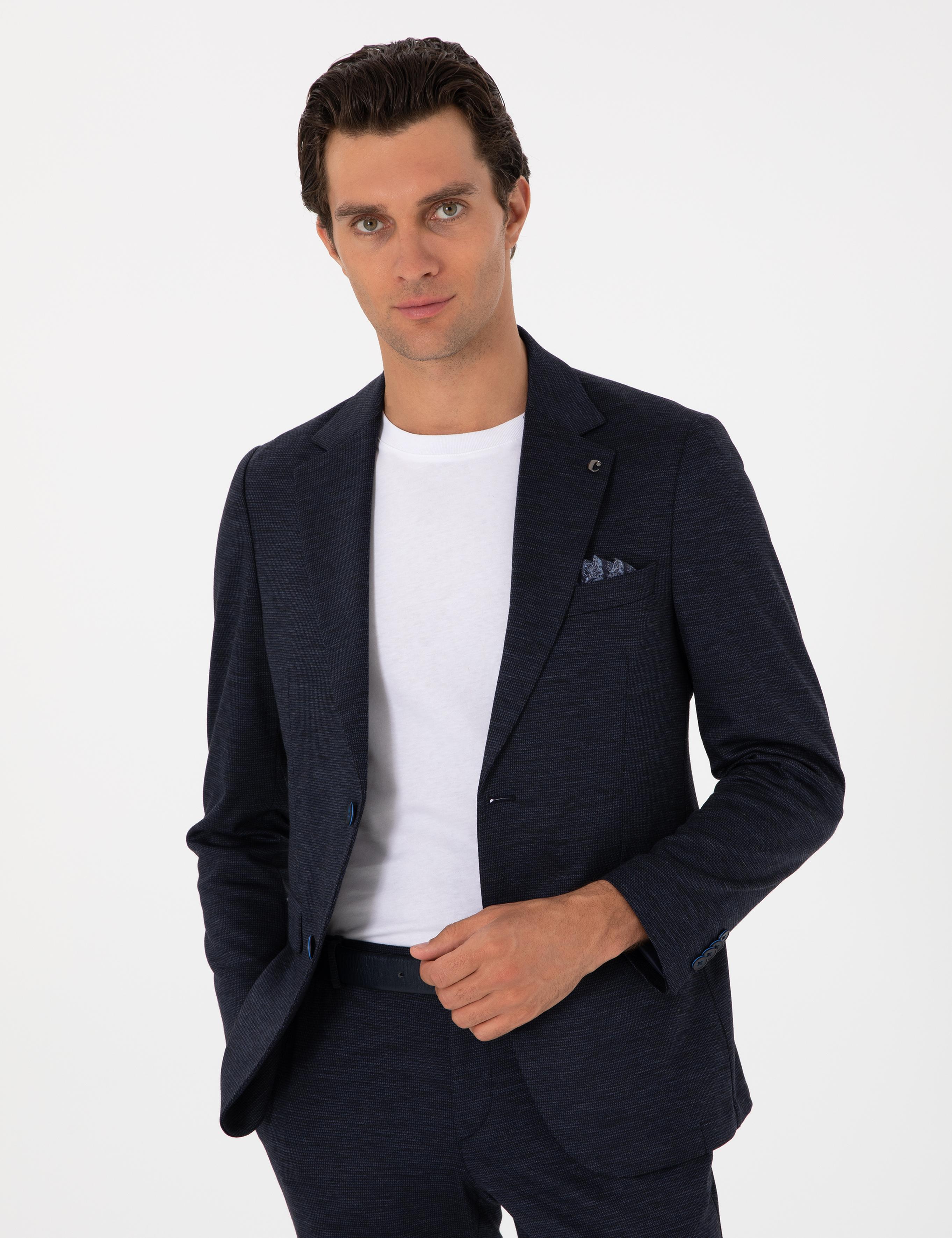 Lacivert Slim Fit Mikro Desen Yün Karışımlı Takım Elbise - 50307706006