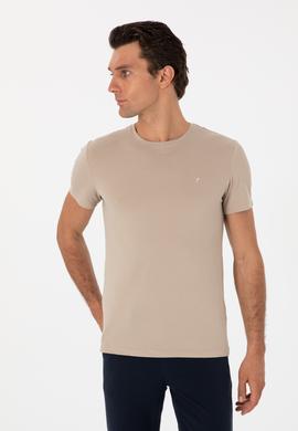 Bej Slim Fit Bisiklet Yaka Pamuklu T-shirt