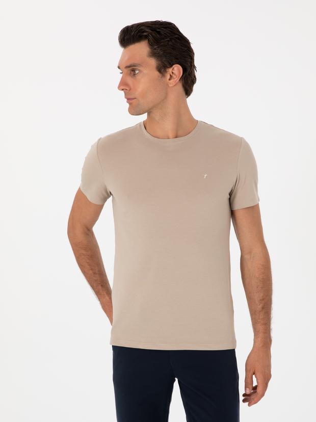Bej Slim Fit Bisiklet Yaka Pamuklu T-shirt