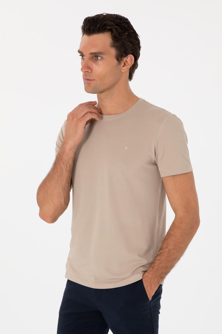 Bej Slim Fit Bisiklet Yaka Pamuklu T-shirt - 50300699129