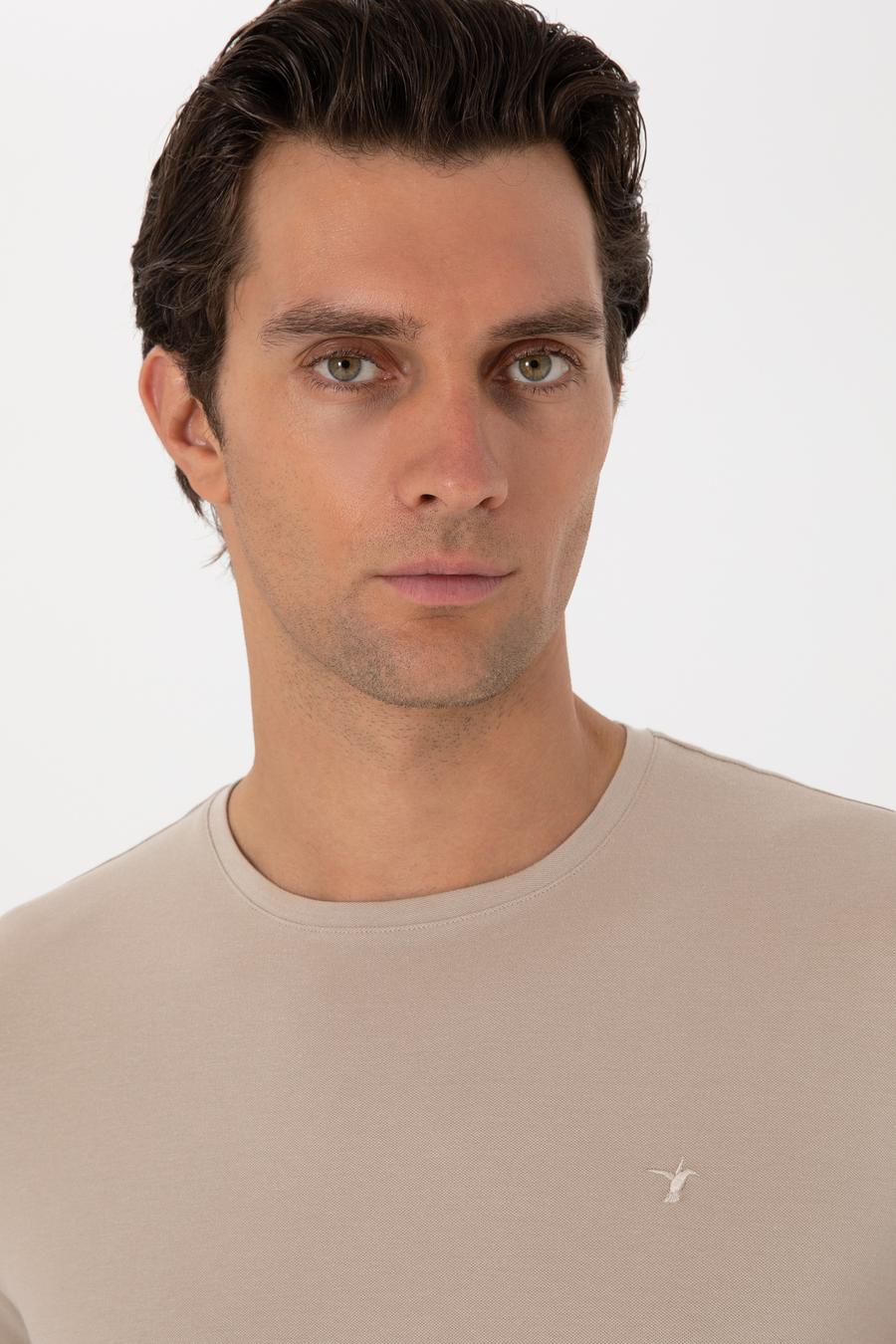 Bej Slim Fit Bisiklet Yaka Pamuklu T-shirt - 50300699129