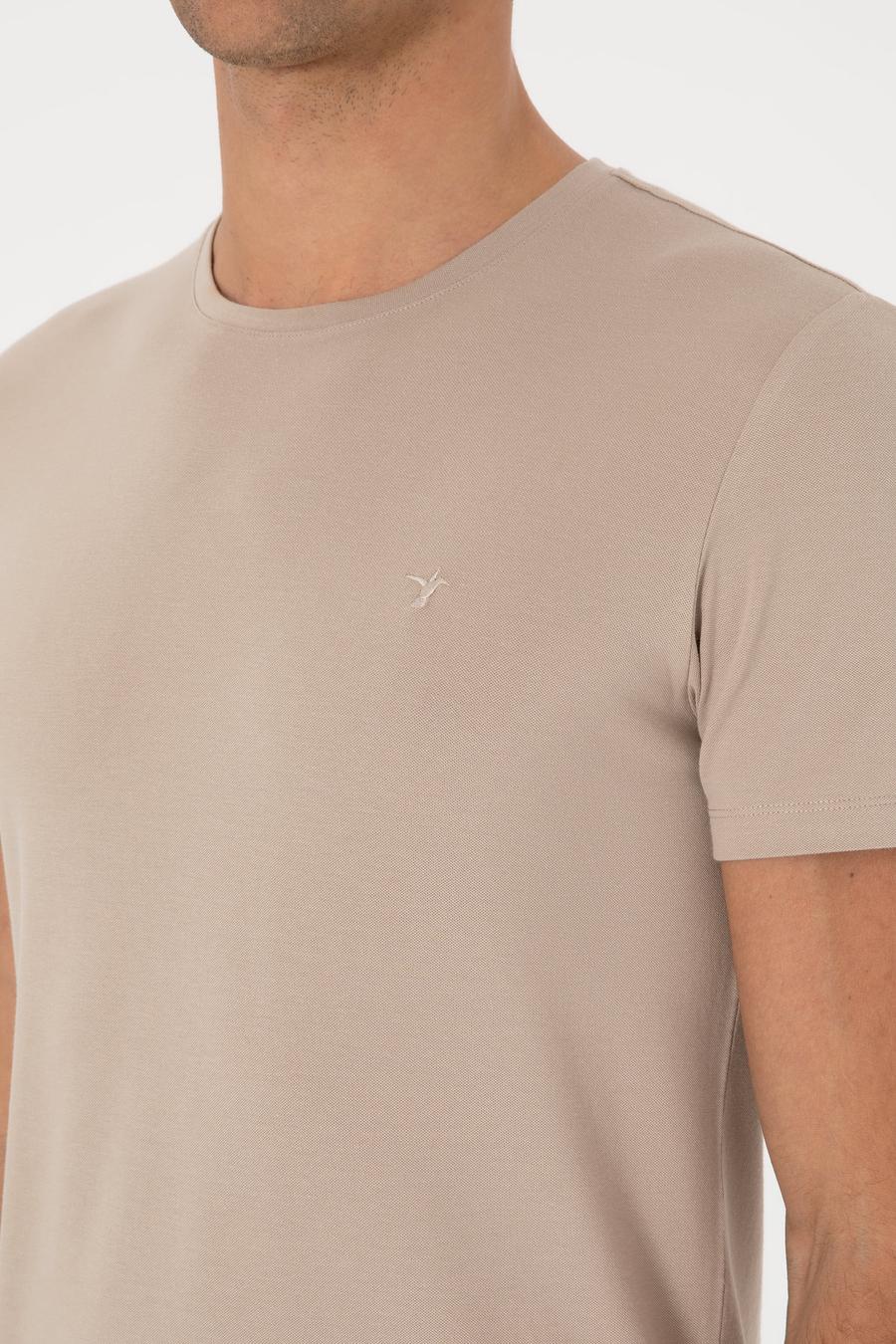 Bej Slim Fit Bisiklet Yaka Pamuklu T-shirt - 50300699129