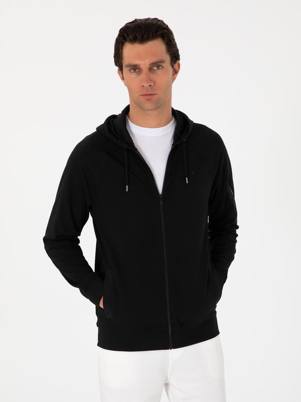 Siyah Regular Fit Tam Fermuarlı Kapüşonlu Sweatshirt