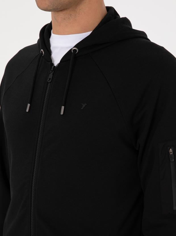 Siyah Regular Fit Tam Fermuarlı Kapüşonlu Sweatshirt