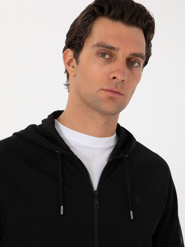 Siyah Regular Fit Tam Fermuarlı Kapüşonlu Sweatshirt