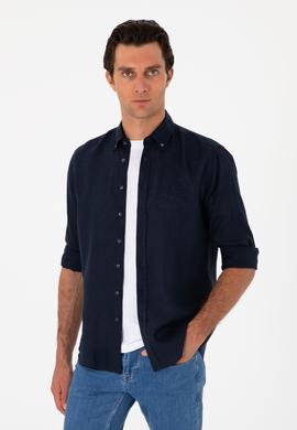 Lacivert Regular Fit %100 Keten Gömlek