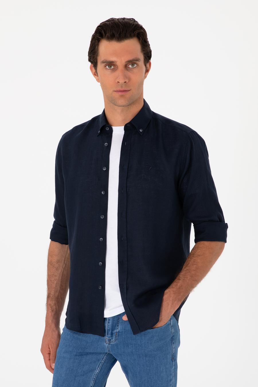 Lacivert Regular Fit %100 Keten Gömlek - 50303617295