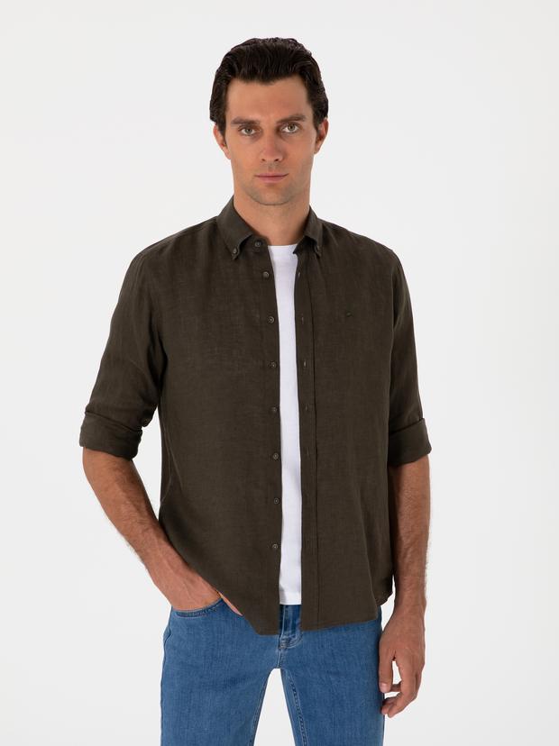 Koyu Haki Regular Fit %100 Keten Gömlek