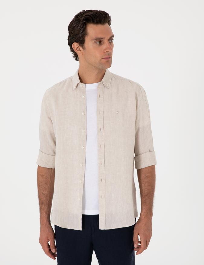 Bej Regular Fit %100 Keten Gömlek